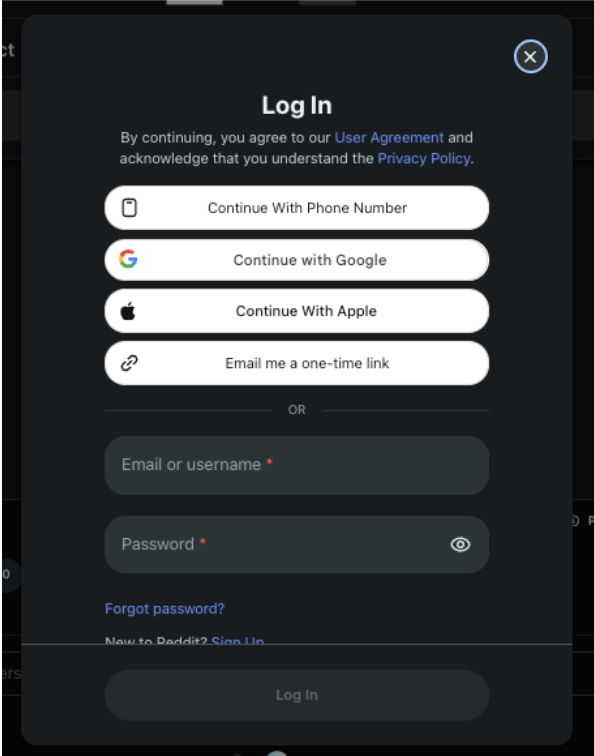 Reddit Login Screen