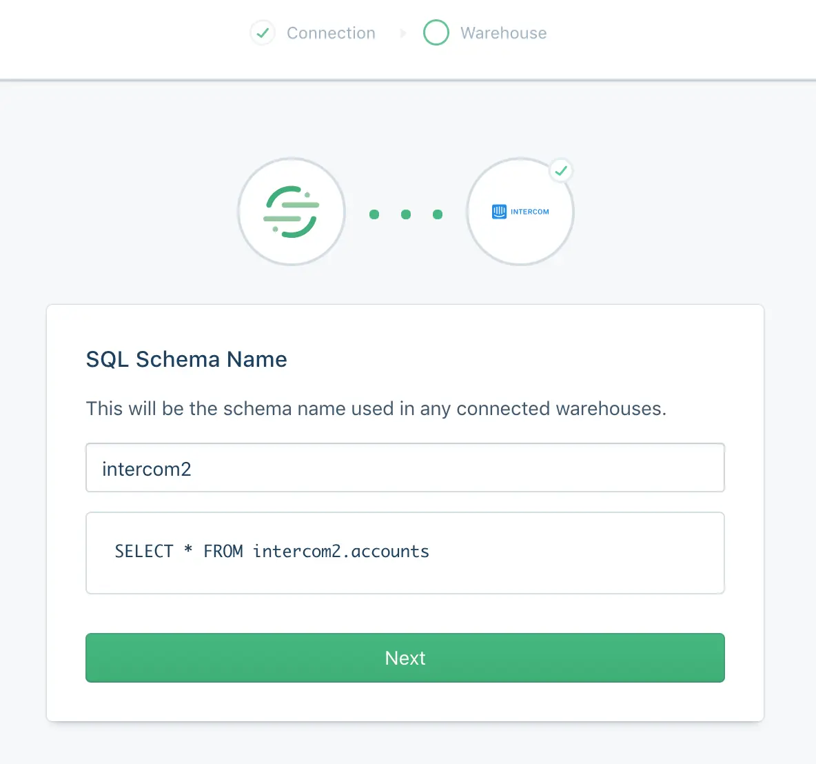 The SQL Schema Name screen in the Intercom setup flow.