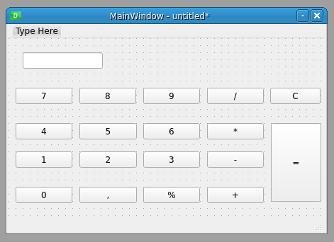 A calculator form in Qt Designer with a line edit and number buttons placed loosely, before any layout is applied.