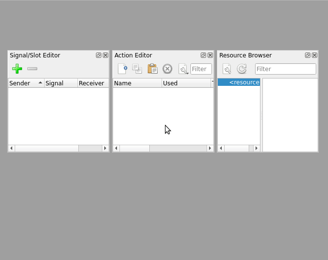 The Resource Browser, Action Editor, and Signal and Slot Editor dock windows shown as tabs in Qt Designer.