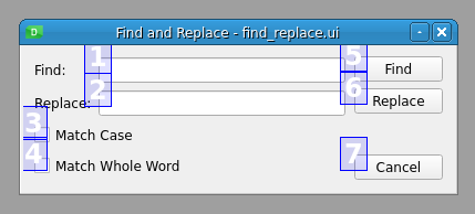 Qt Designer in Edit Tab Order mode, where each input widget shows a number marking its place in the tab order.