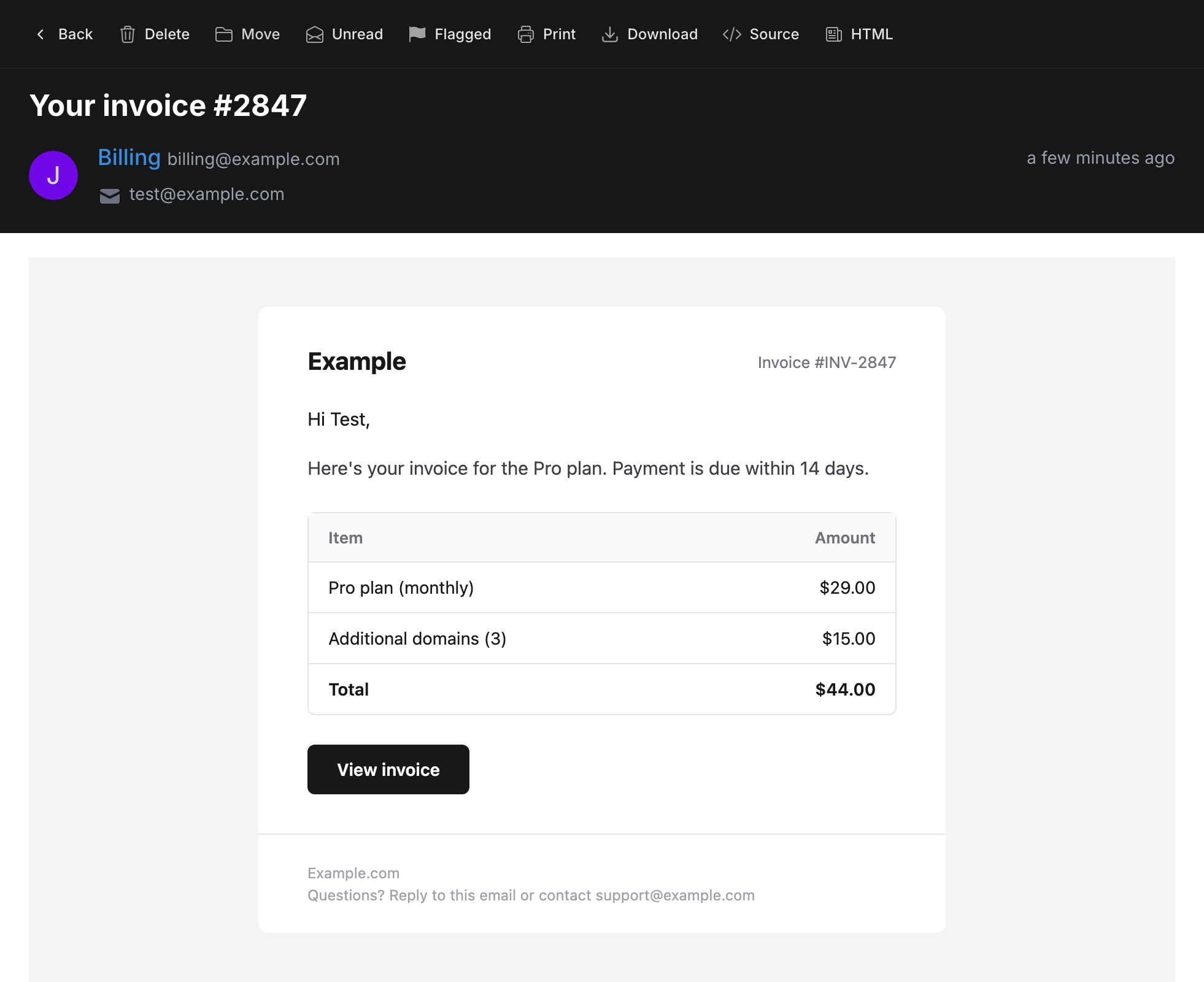 Email message preview with headers, HTML and raw source